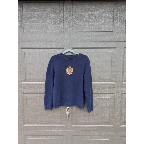 Vintage Y2K Ralph Lauren Navy Blue Embroidered Crest Knit Sweater - Picture 9 of 11
